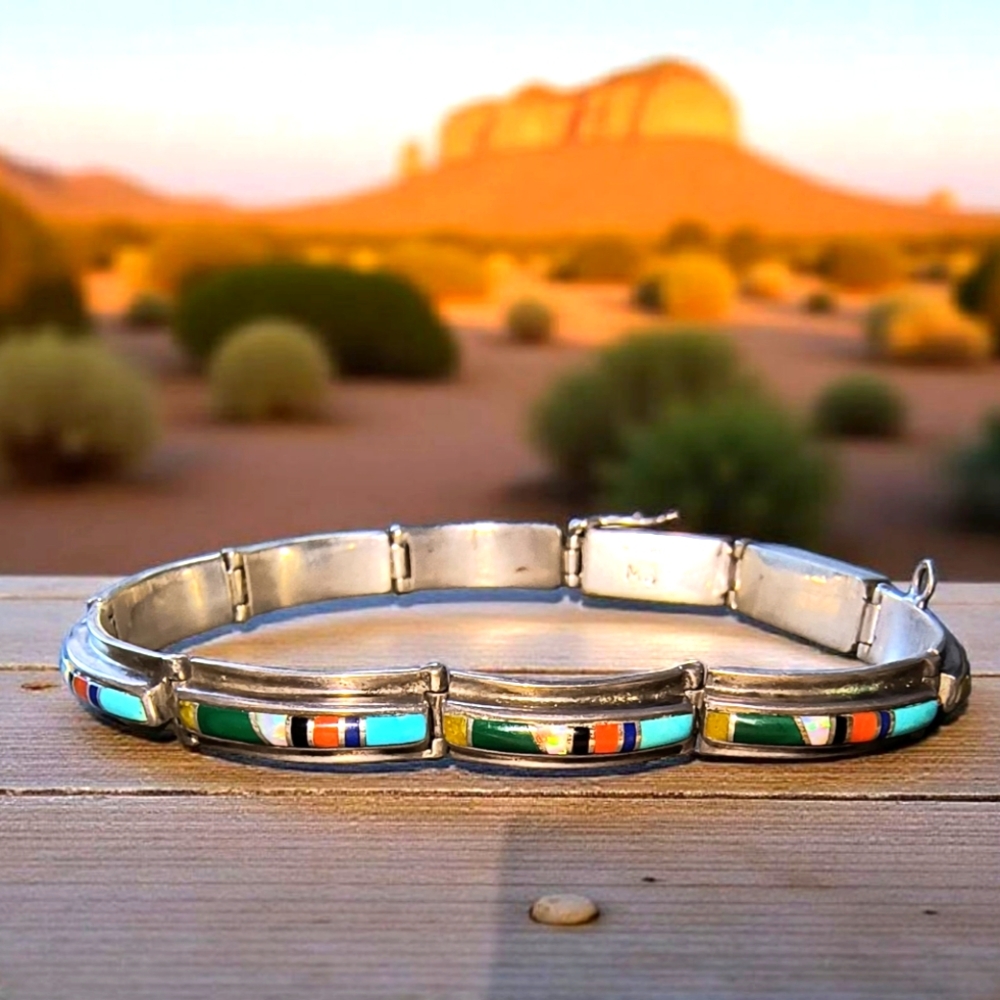 Native American Signed Stone Inlay And Sterling Silver Hinged Link Bracelet